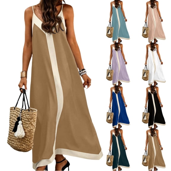 VBVC Women's Color Block Spaghetti Strap Maxi Dress , Ladies' V-Neck Sleeveless Summer Dress , A-Line Party Swing Dress For Women,Army Green,S-2XL