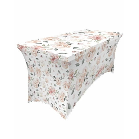 

Table Cloths for 5 foot Rectangle Tables Vintage Farmhouse Roses Leaves Pink Watercolor Style Stretch Washable Fitted Tablecloth Protector Picnic Table Cover for Event Wedding Party Banquet