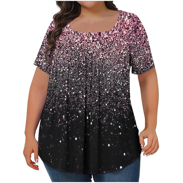Tops Cortos para las Mujeres Impreso Cuello de Gran Tamaño Plisado Manga Corta Suelta Superior en Tamaños Más L-5xl