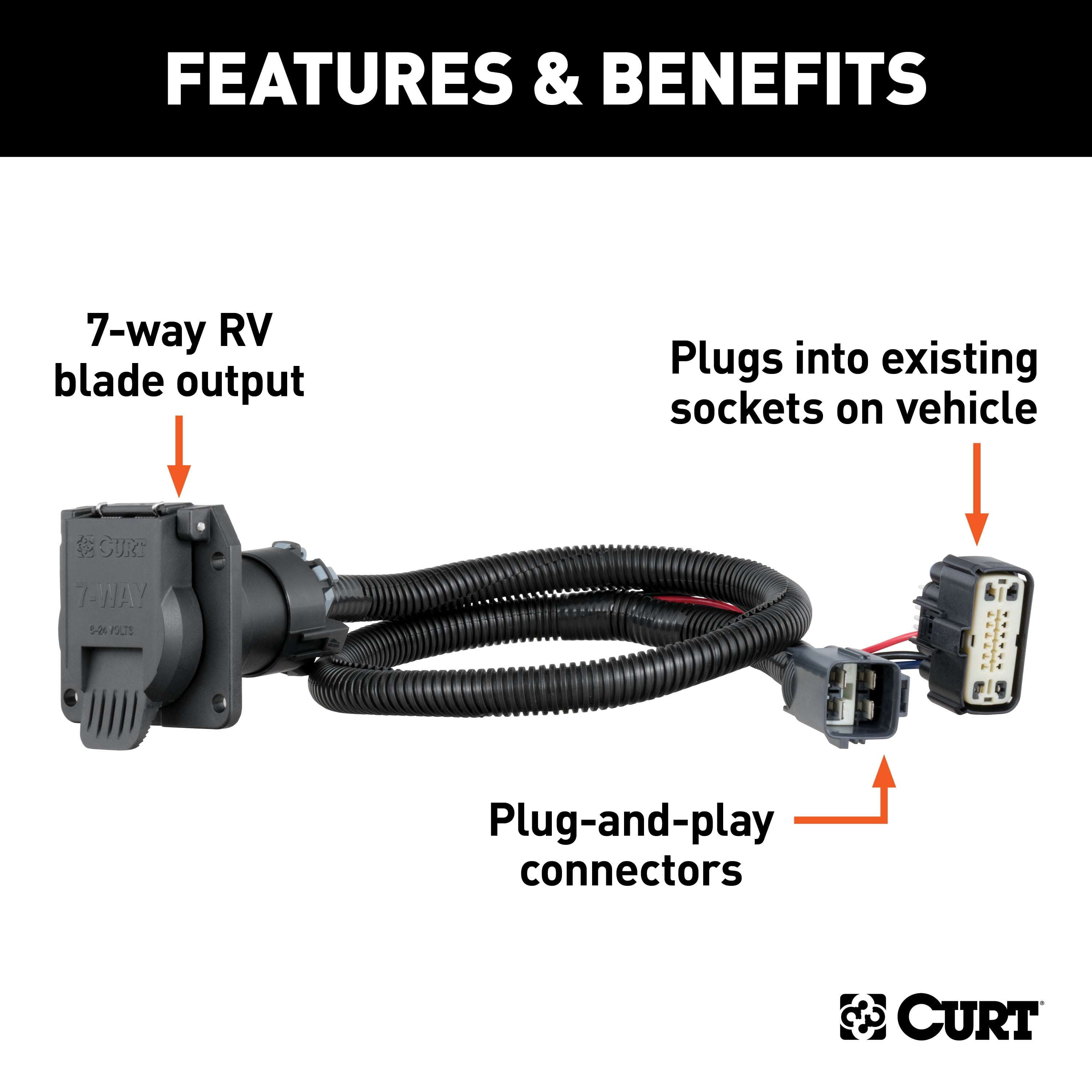 CURT 56326 Vehicle-Side Custom RV Blade 7-Pin Trailer Wiring Harness, Select Chevrolet Blazer, Cadillac XT5, XT6, GMC Acadia