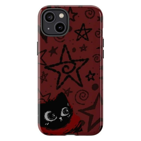 Cute Black Cat with Big Eyes and Star Pattern Phone Case, Artistic Protective Cover for iPhone 17 16 15 14 13 12 11 Plus Pro Plus Mini