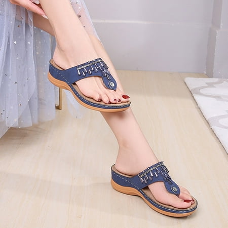 

Dezsed Women s Wedges Slippers Clearance Women Summer Slip-On Wedges Beach Open Toe Breathable Sandals Embroidery Shoes Blue 41