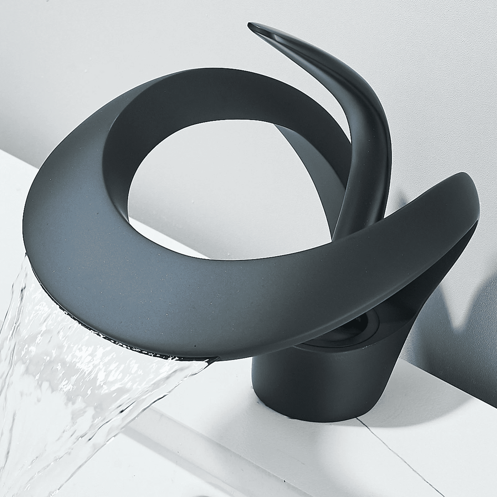Zovajonia Matte Black Waterfall Bathroom Sink Faucet Round Single Handle One Hole Vanity Basin Single Deck Mount Creative Hollowed Body Design