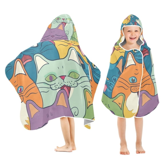 Happy Cat Faces Kids Hooded Beach Towel Baby Bath Poncho Towels with Hood Absorbent 50"x23.5" for Pool Swimming
