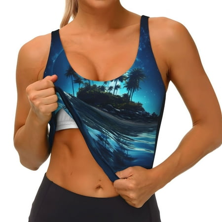 Qokaie Hawaiian Beach Pirate Moon Pattern Womens Scoop Neck Sports Bra Breathable Workout Vest Padded U Back Medium Impact Fitness Gym Yoga Bra Workout Crop Top