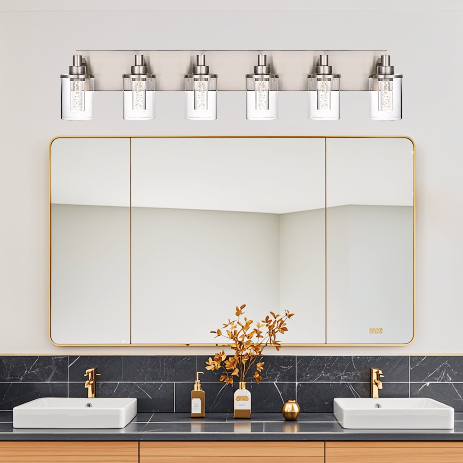 Melucee 5CCT Dimmable LED Brushed Nickel Vanity Lights 6-light, Modern Vanity Lighting Fixtures with Crystal Light Columns and Clear Glass for Bathroom Bedroom