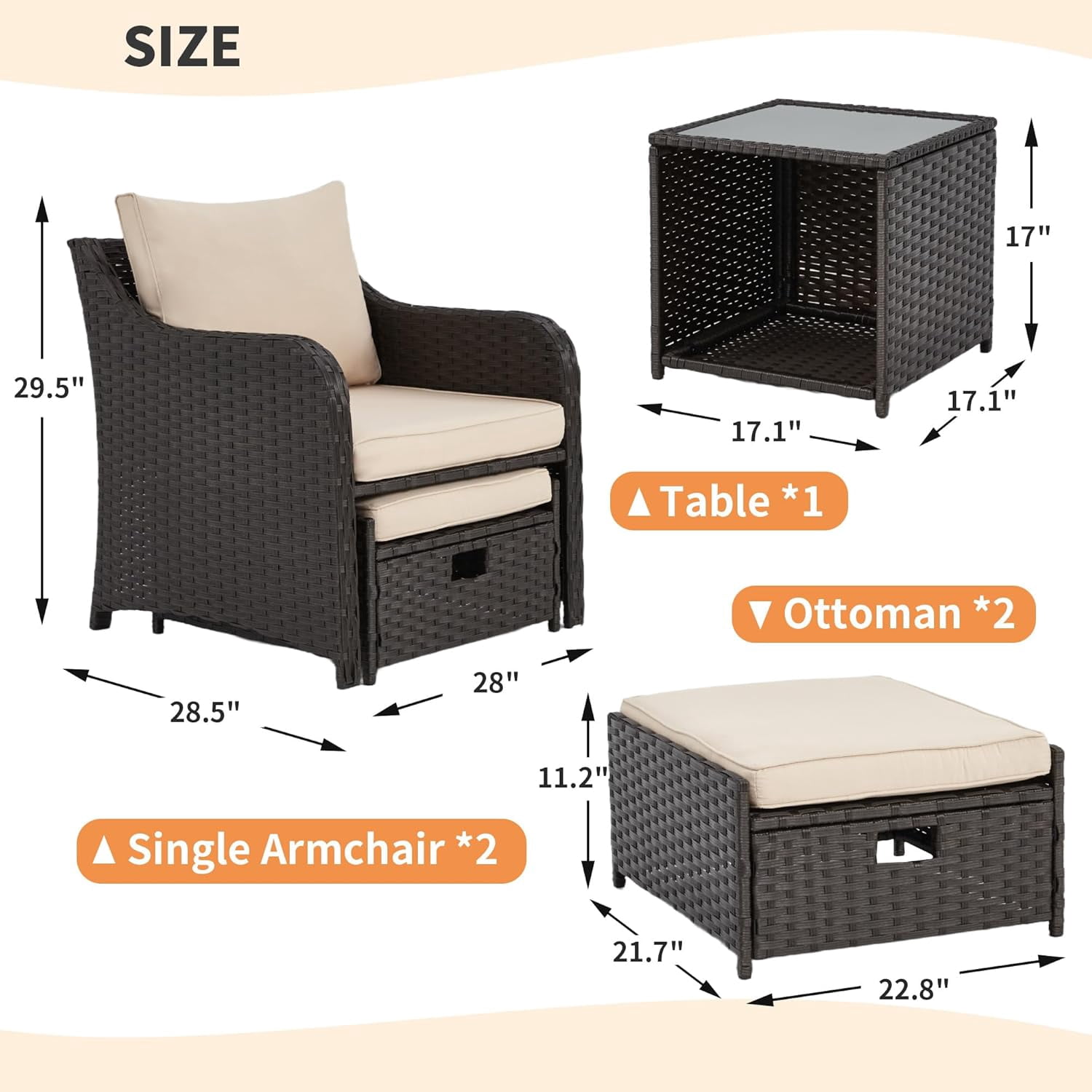 HOMREST 5 Piece Balcony Furniture, All Weather PE Wicker Rattan Patio Furniture Set, Cushioned Patio Chairs Set of 2 w/Ottoman&Table, Outdoor Lounge Chair for Lawn Pool Balcony, Khaki