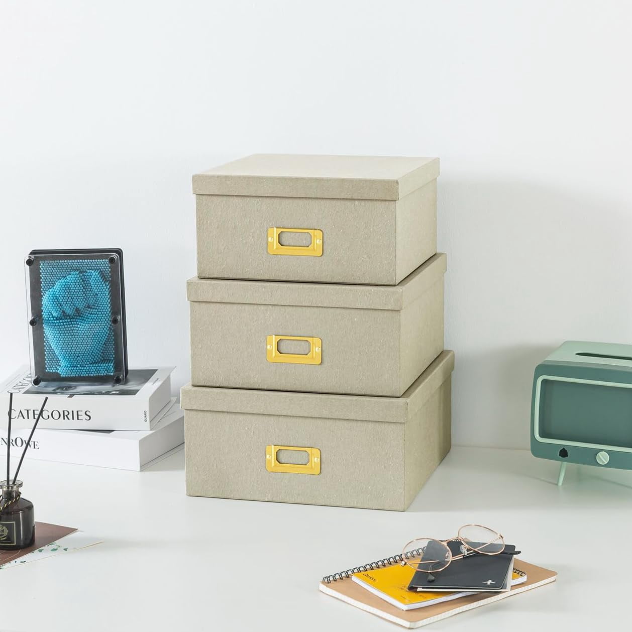 Square Stacking Boxes with Lids and Gold Label Holders, Decorative Photo Storage, Nesting Cardboard Set for Decor and Organizing