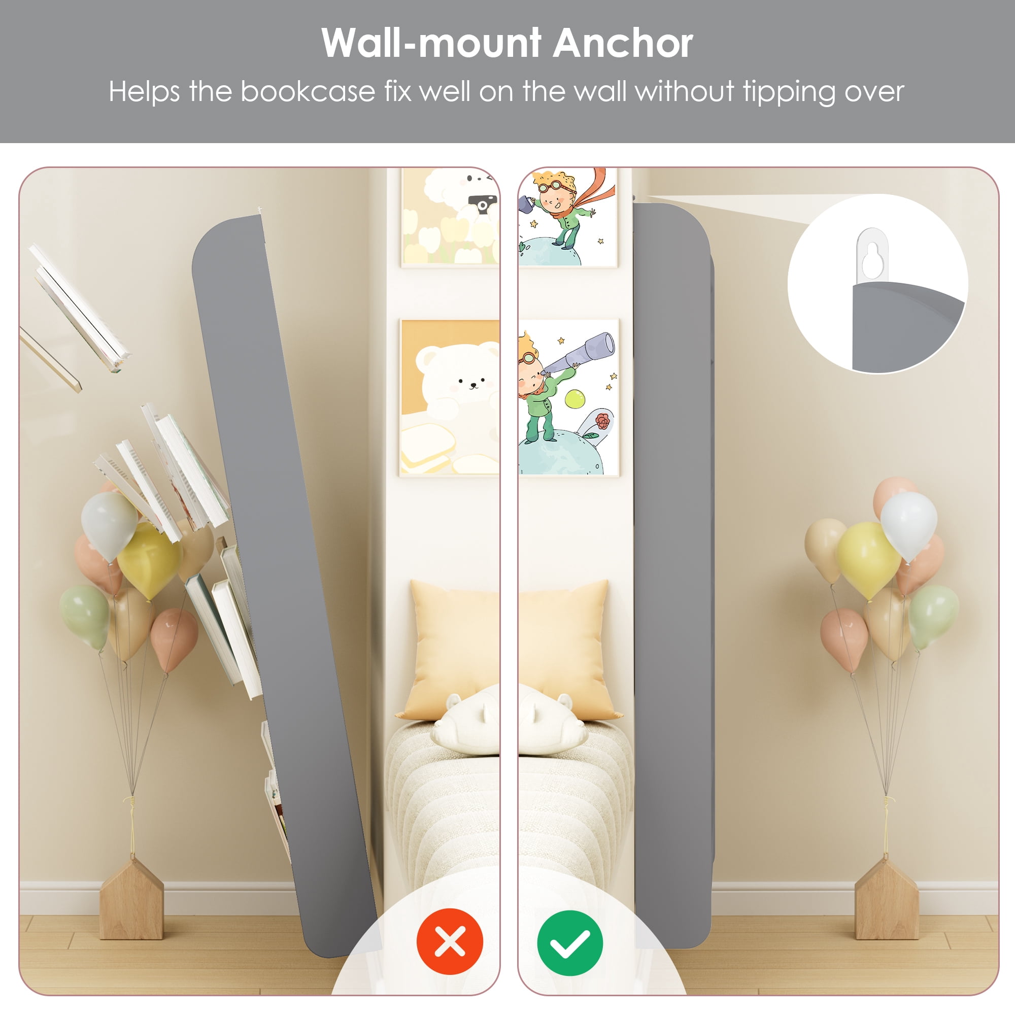 Homfa 4-Tier Wall Bookshelf, 43.7"H Wall Mounted Kids Bookshelf, Book Storage Rack for Kids Room, Gray