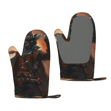 

Lafuoo Steampunk Cowboy Cat Pattern Silicone Anti-Scalding Gloves Hanging Rope Gloves are Suitable for Kitchen Utensils for Kitchen Baking Cooking Outdoor Barbecue