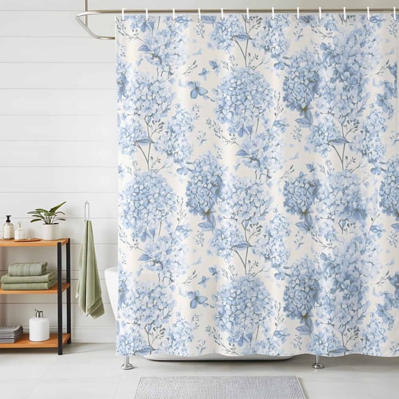 Shower Curtain Blue Hydrangea Shower Curtains for Bathroom Decor, Waterproof Polyester Shower Curtain Set with Hooks, Extra Long 72" x 96" Spring Flower Leaf