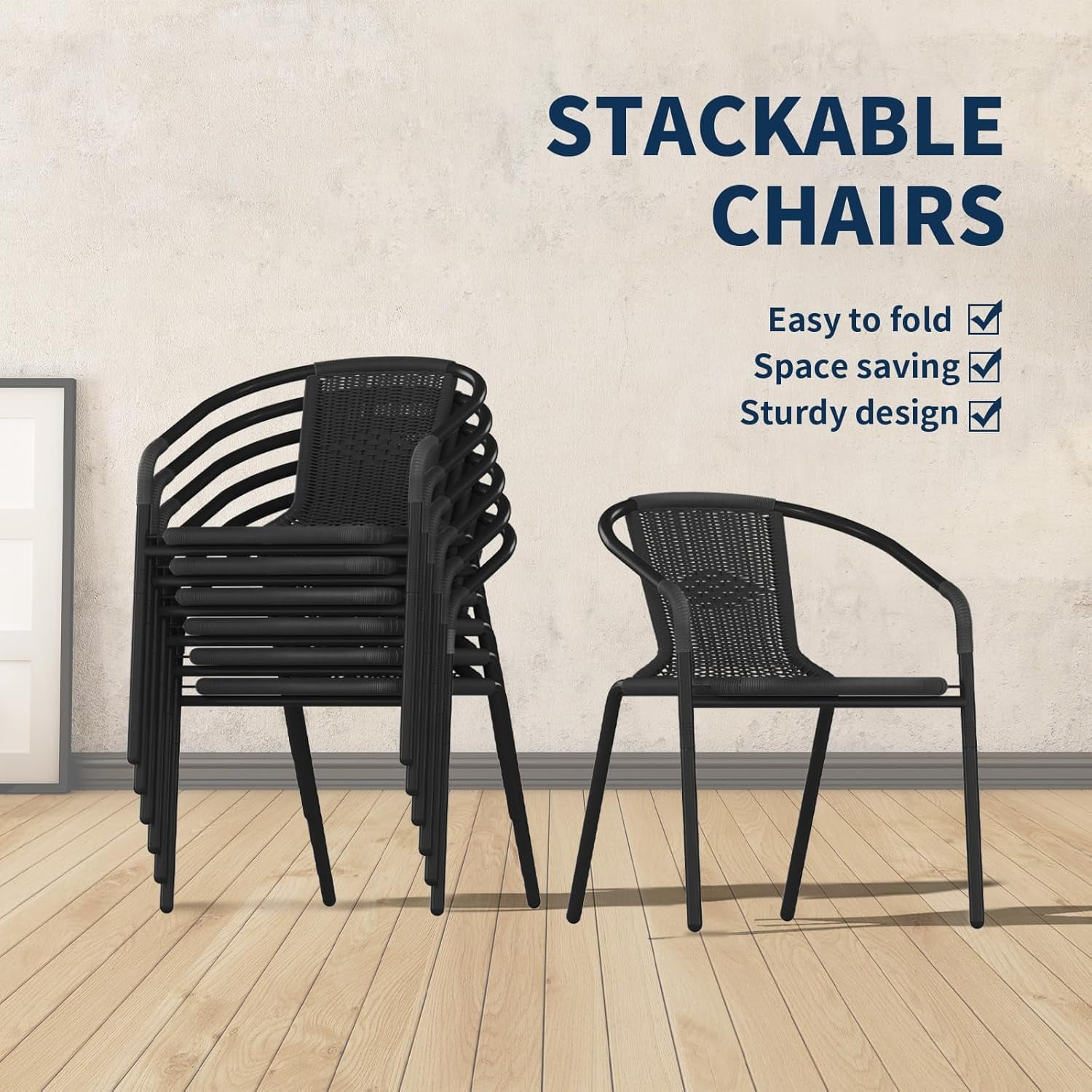 ELPOSUN Outdoor Dining Chairs Set of 6, Wicker Patio Chairs with Metal Frame, Rattan Indoor-Outdoor Chairs for Bistro, Deck, Backyard, Porch, Restaurant Stack Chair 6 Pack (Black)