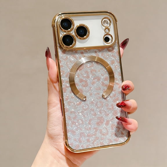 for iPhone 16 Magnetic Case, Leopard Pattern Plating Phone Case, Compatible with Mag-Safe, Cute Bling Sparkly Shining Military Grade Drop Protection Cover for iPhone 16, Gold