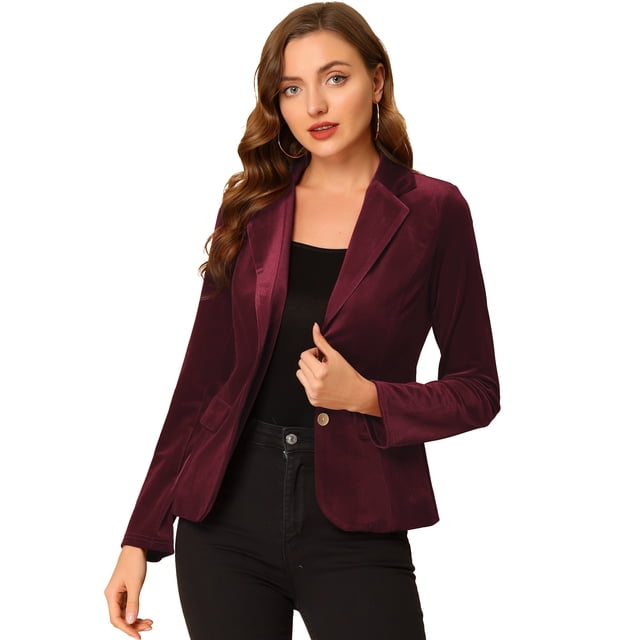 Chaqueta de terciopelo de oficina frontal con botón de solapa con muesca vintage para mujer Rojo Oscuro S