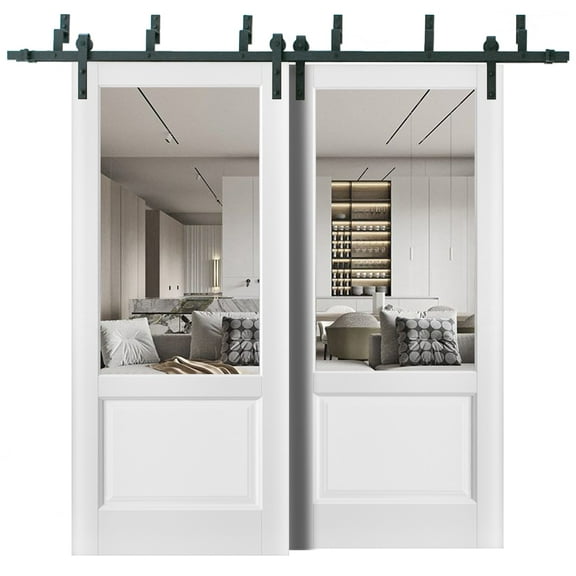 Sliding Closet Barn Bypass Doors | Lucia 1533 White Silk with Clear Glass | Sturdy 6.6ft Rails Hardware Set | Wood Solid Bedroom Wardrobe Doors -56" x 80" (2* 28x80)-Clear Glass