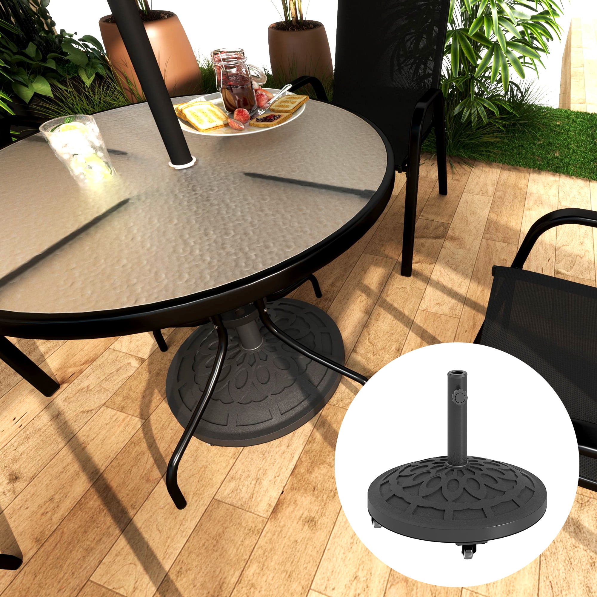Outsunny Round Patio Umbrella Base with Wheels, 46 lbs Resin Umbrella Stand Base, Patio Umbrella Holder for 1.3"/1.5"/1.9" Umbrella Poles, Black