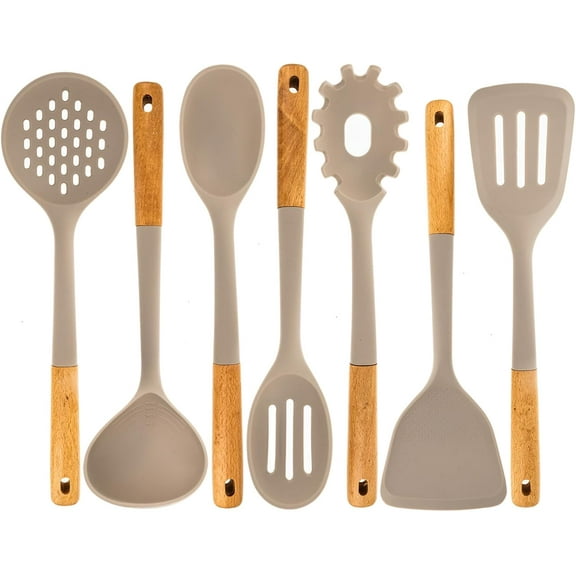 Beille 7pc Beech Wood and Silicone Kitchen Utensils Set Cooking Baking Supplies Home Essentials, Light Grey