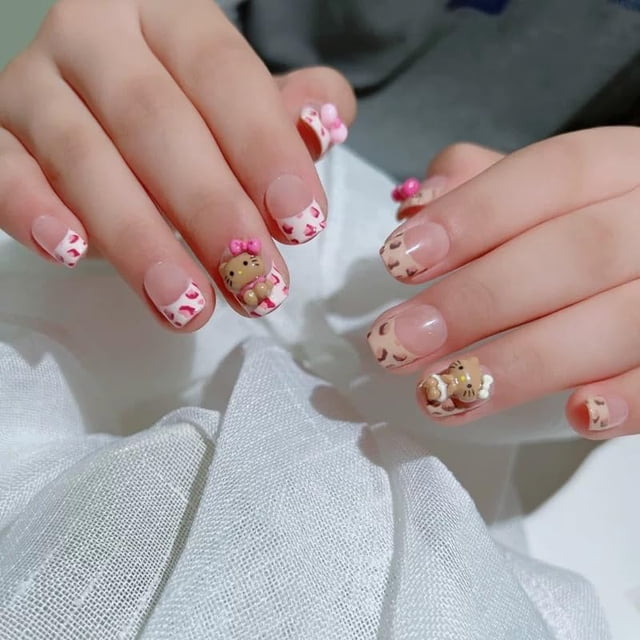 Uñas Postizas Pethawata Leopardo Francés Ovaladas Cortas 10 Piezas