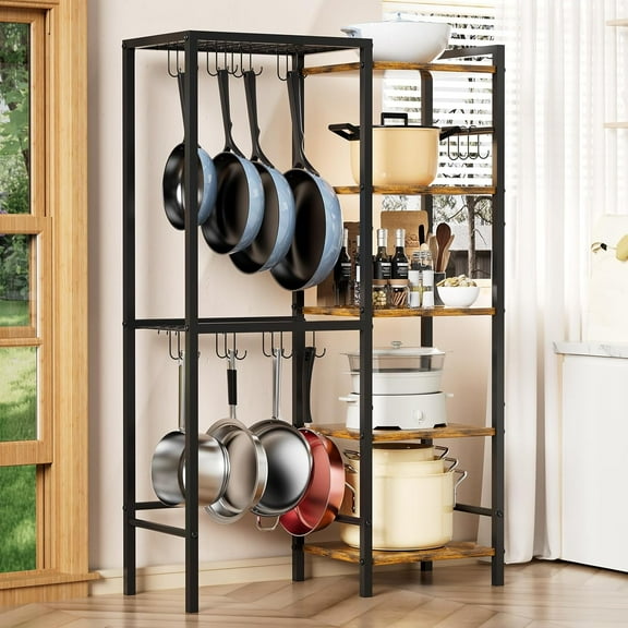 Pot and Pan Organizer Rack with Hooks, Heavy-Duty Kitchen Storage Shelf for Cookware, Dishes, and Utensils, Freestanding Pot Rack Organizer for Kitchen, Pantry, or Dining Room