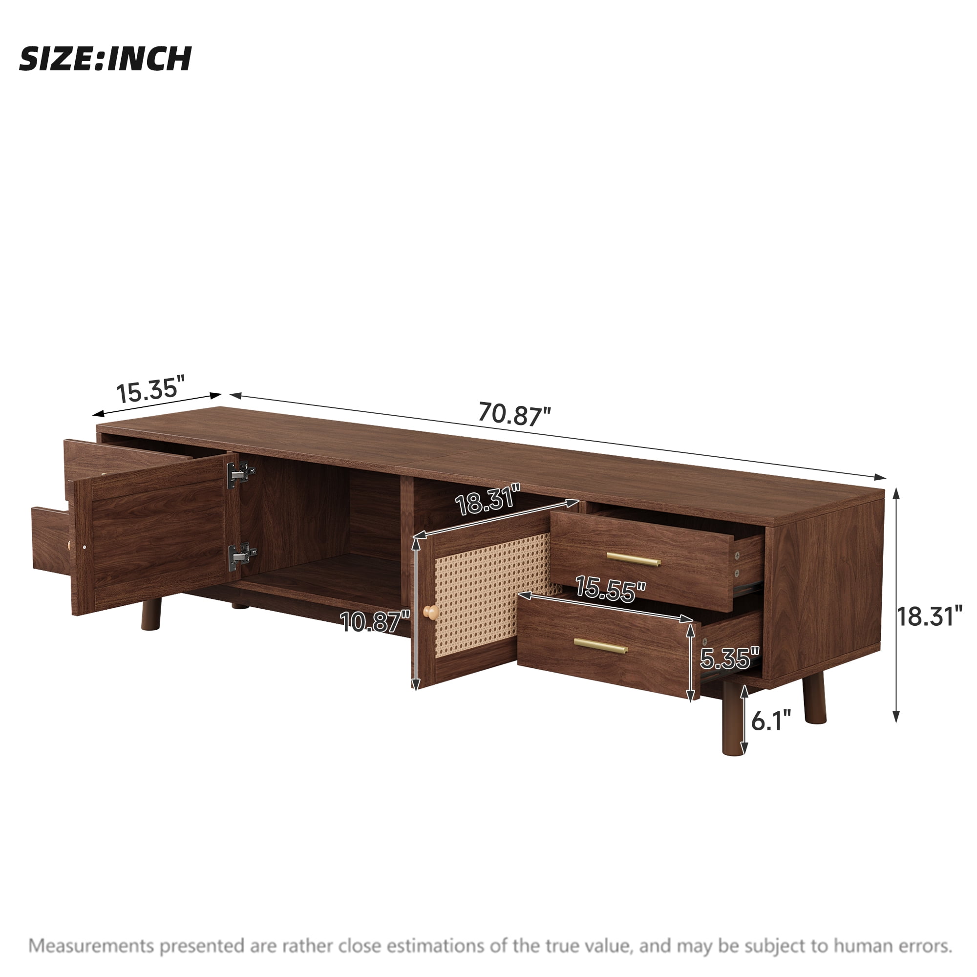 TV Stand for TVs up to 80 Inch, Rattan Entertainment Center with 4 Drawers & Storage Cabinets, Media Console with Solid Wood Legs for Living Room