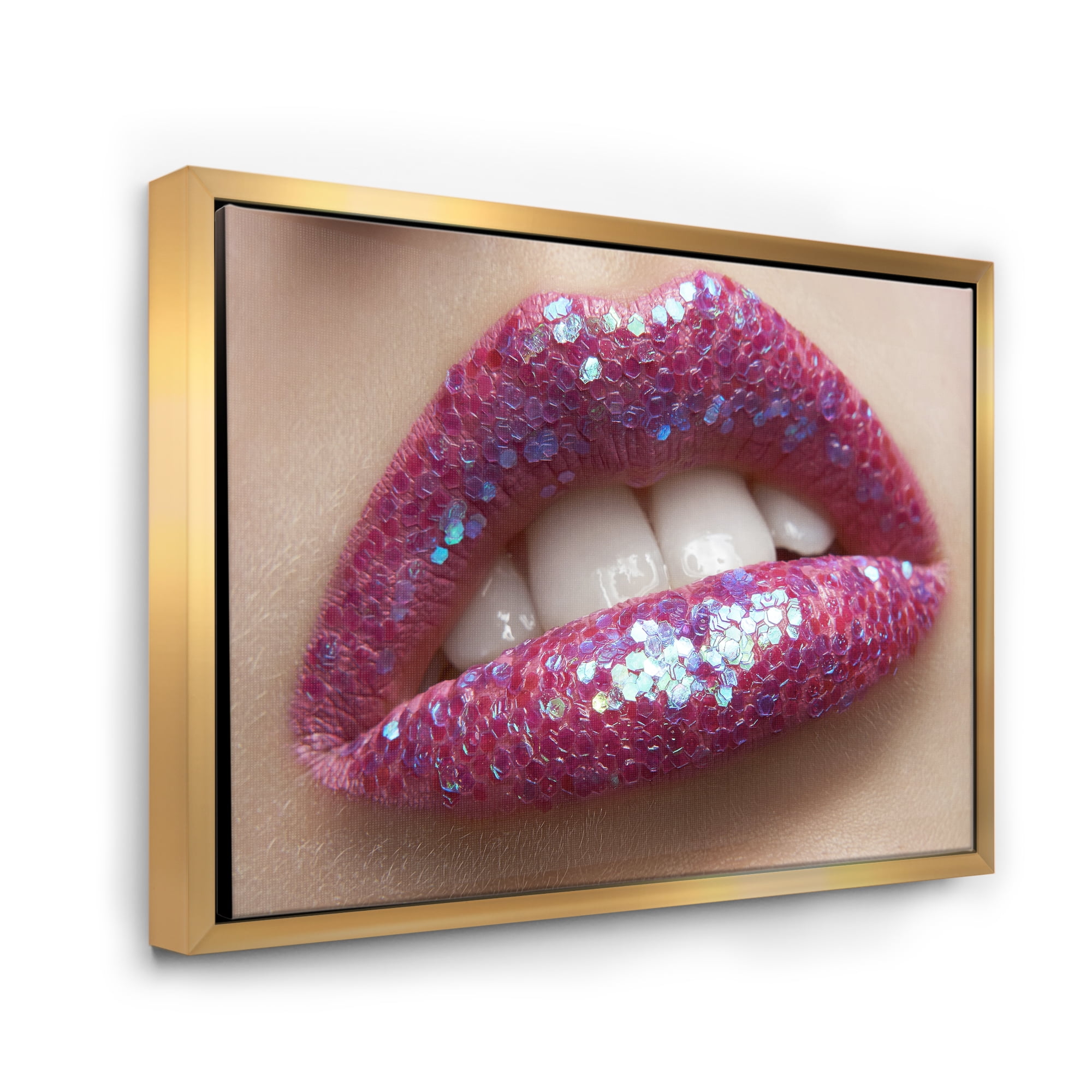 Designart 'Girl Lips Pink Lipstick and Sequins' Modern Framed Canvas Wall Art Print