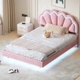 thumbnail image 2 of Harper & Bright Designs Full Pink LED Bed Frame with Wooden Flowers Headboard, Floating Velvet Upholstered Platform Bed Frame with LED Light, 2 of 10