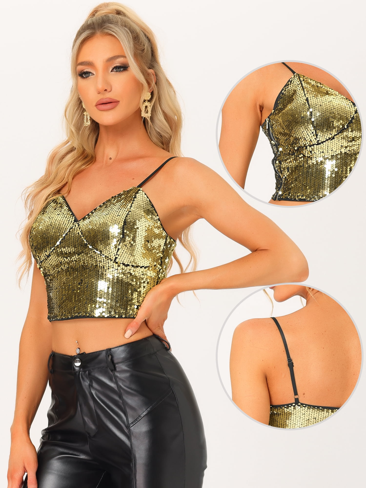 DARING DIVA Women's Spaghetti Strap Sequin Cami Club Party Cropped Tank Tops XS Gold