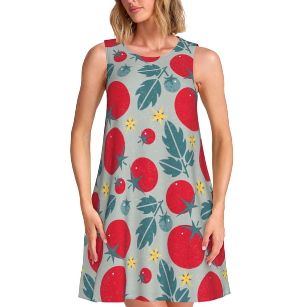 Fotbe Tomato Vestido de Verano sin Mangas para Mujer – Vestido Midi Línea A, Estilo Camiseta Floral, Vestido Playero Casual y Fluido