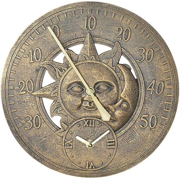 Outdoor Thermometer Clock Vintage Wall Clock Retro Decoration Station Hanging Clock Sun Moon Pattern Waterproof