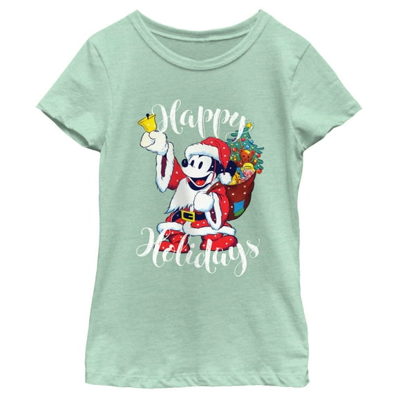 Girl's Mickey & Friends Christmas Happy Holidays Mickey Graphic Tee Mint Large