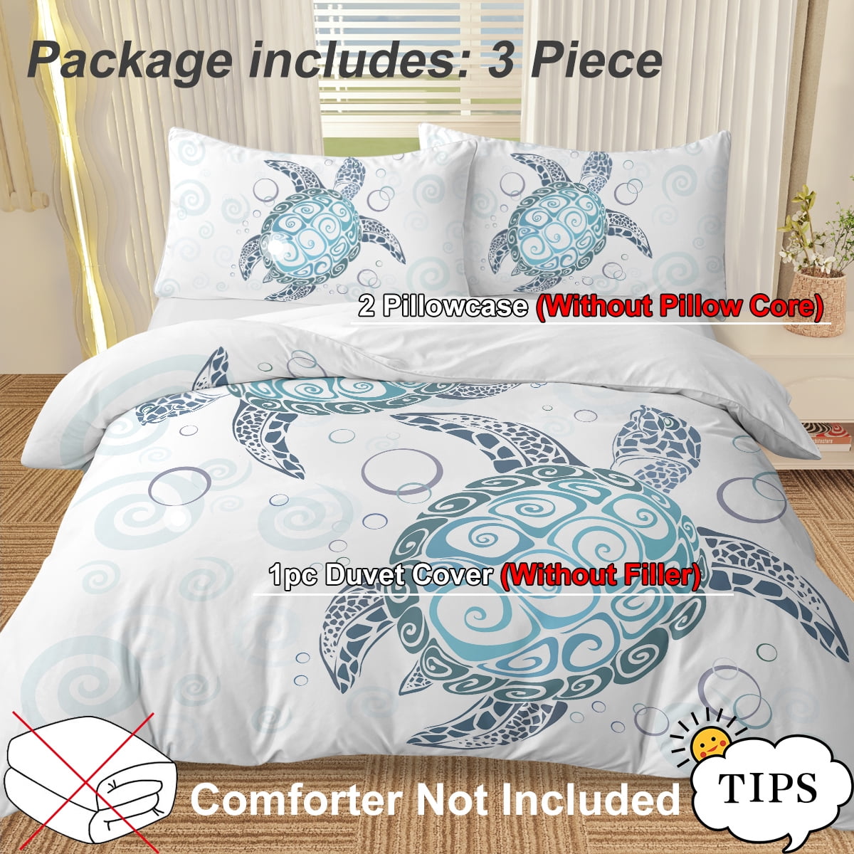Sea Turtle Bedding Aqua Teal Blue Duvet Cover Sets Beach Turtle Bed Sets Ocean 3 Piece Turtle Themed Comforter Cover with 2 Pillowcases