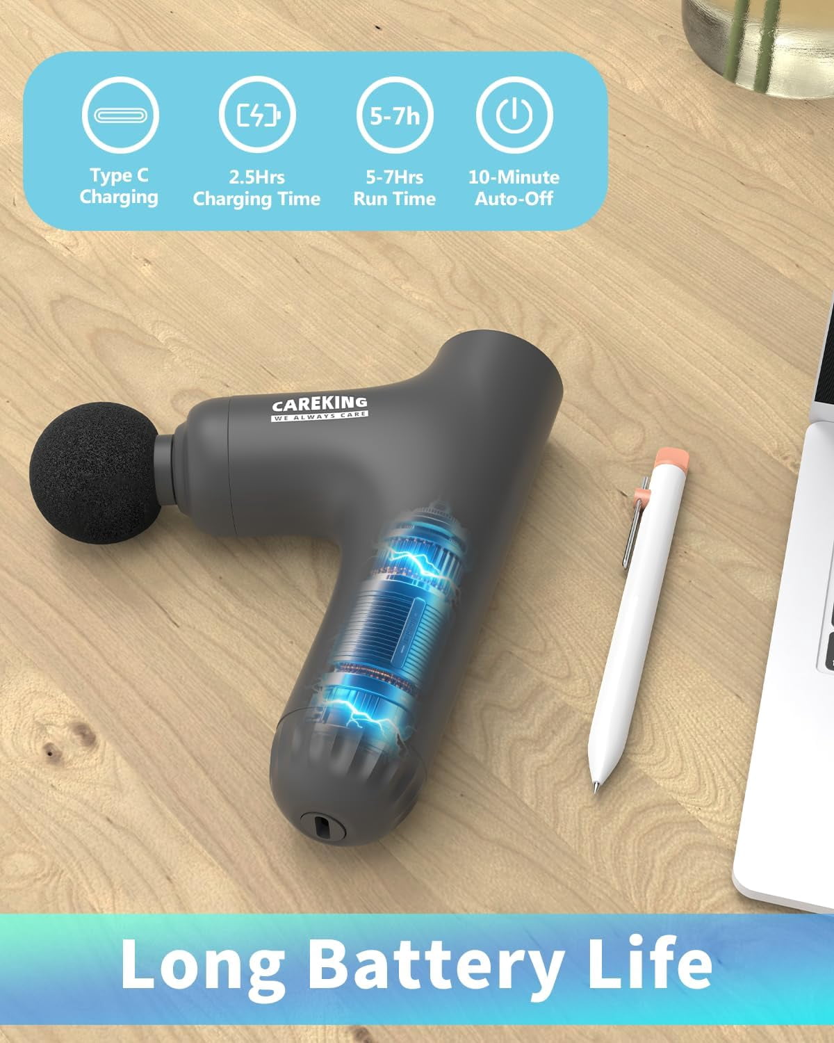 3-in-1 Detachable Massage Gun Deep Tissue, Ergonomic Extension Handle Back Massager for Pain Relief