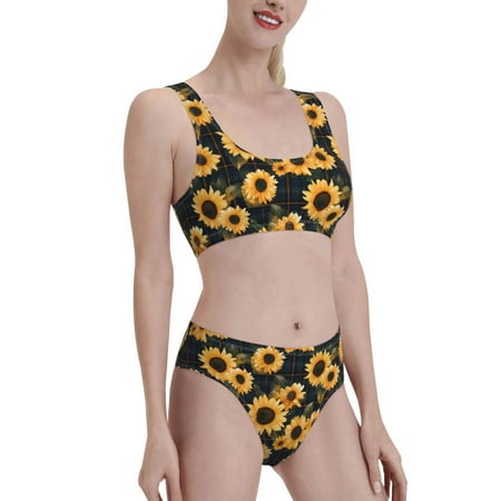 Uemuo Scottish Blue Plaid Sunflower Printed Women s High Waisted Bikini Sets Sporty Two Piece Swimsuits Color Block Cheeky High Cut Bathing Suits-Small