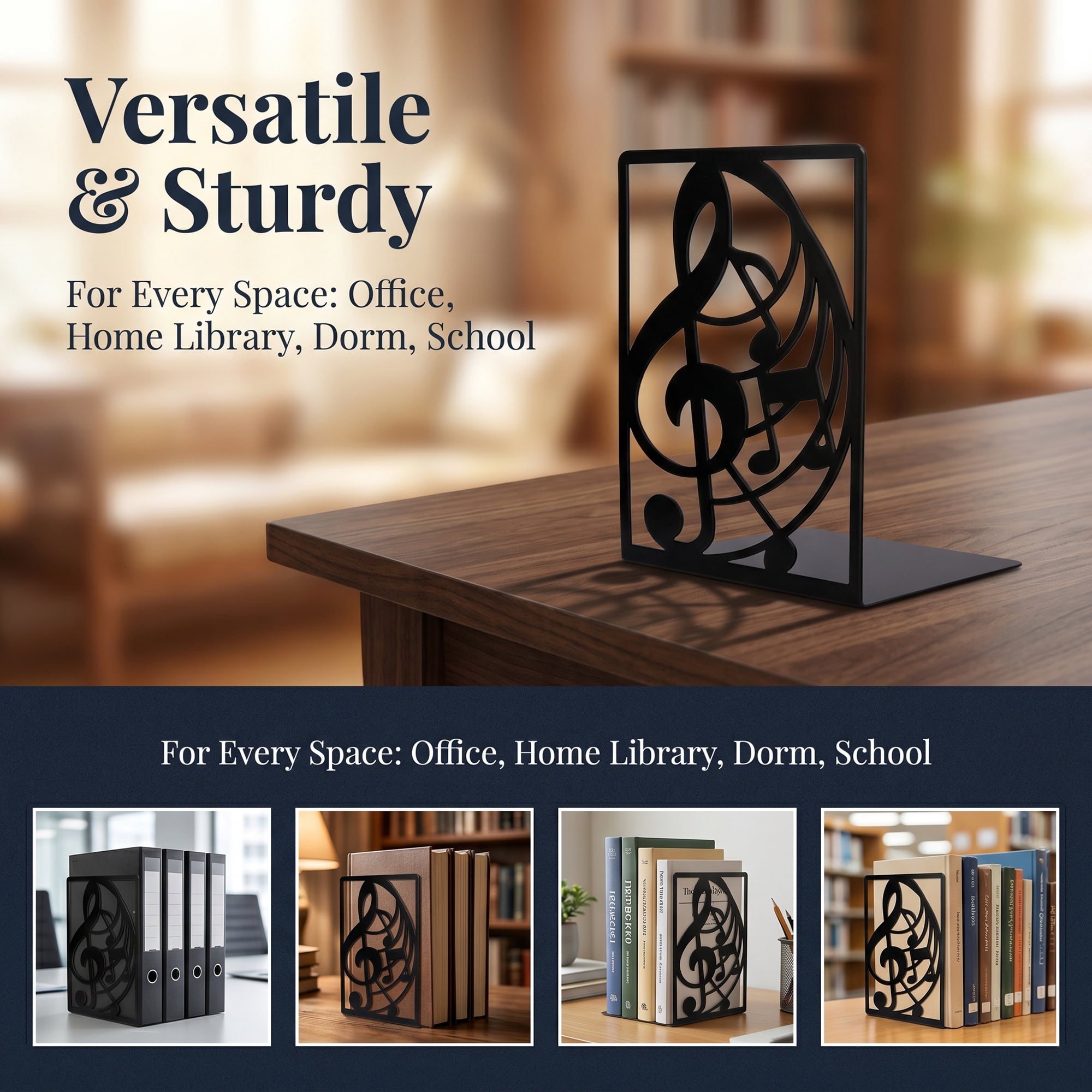 Unique Bargains Musical Note Metal Bookends Non-Skid for ShelvesStyle D 4.6"x3.5"x6.8"
