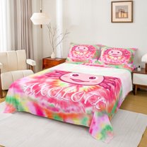 Manfei Kawaii Axolotl Animal Queen Sheet Sets for Kids, Pink Swirl Spiral Flat Sheet, Watercolor Art Queen Fitted Sheet, Luxury Bedroom Decor, 4 Pieces