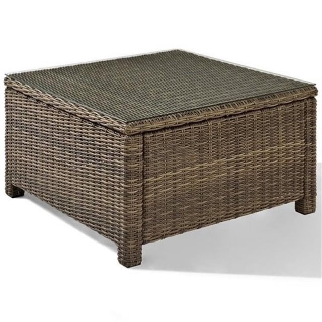 Pemberly Row 32" Square Glass Top Patio Coffee Table in Brown