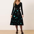 thumbnail image 2 of Valentine's Day Dresses for Women Long Sleev Vintage Love Heart Print V-Neck A-Line Cocktail Party Dress with Belt Blue 3XL, 2 of 5