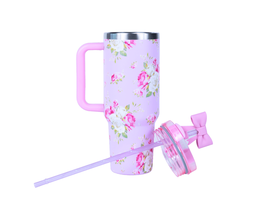 Hi Peach Layne Pink Floral Tumbler 40oz with Straw, Handle, & 30g Bath Bomb Inside, Limited Edition