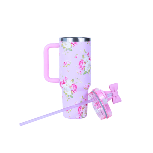 Hi Peach Layne Pink Floral Tumbler 40oz with Straw, Handle, & 30g
