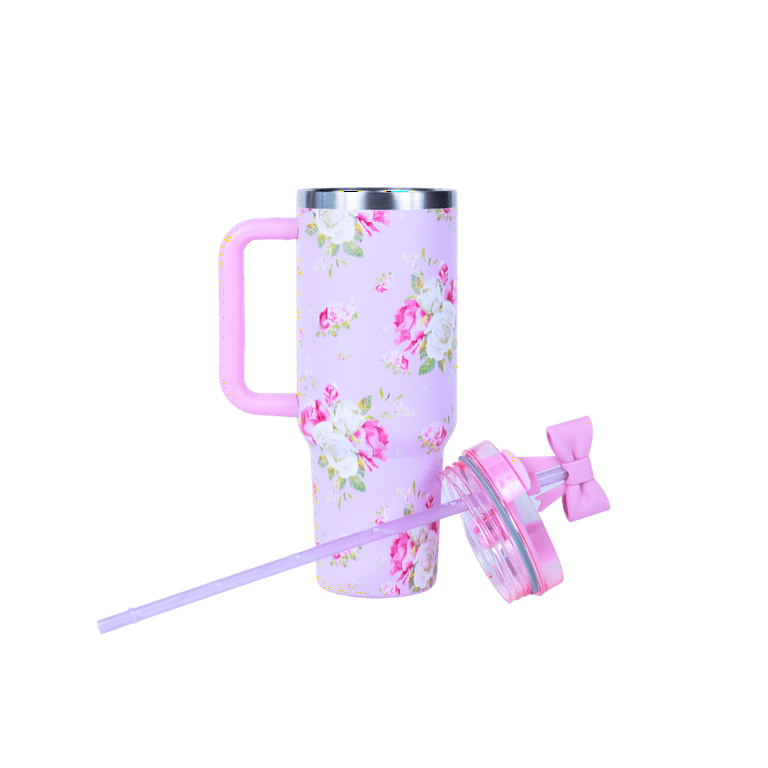 Hi Peach Layne Pink Floral Tumbler 40oz with Straw, Handle, & 30g