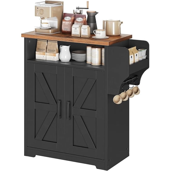 Coffee Bar Cabinet, Kitchen Island with Storage, Farmhouse Sideboard Buffet Cabinet with Dual-Purpose Floating Shelf and Hooks, for Restaurant, Living Room, Rustic Brown