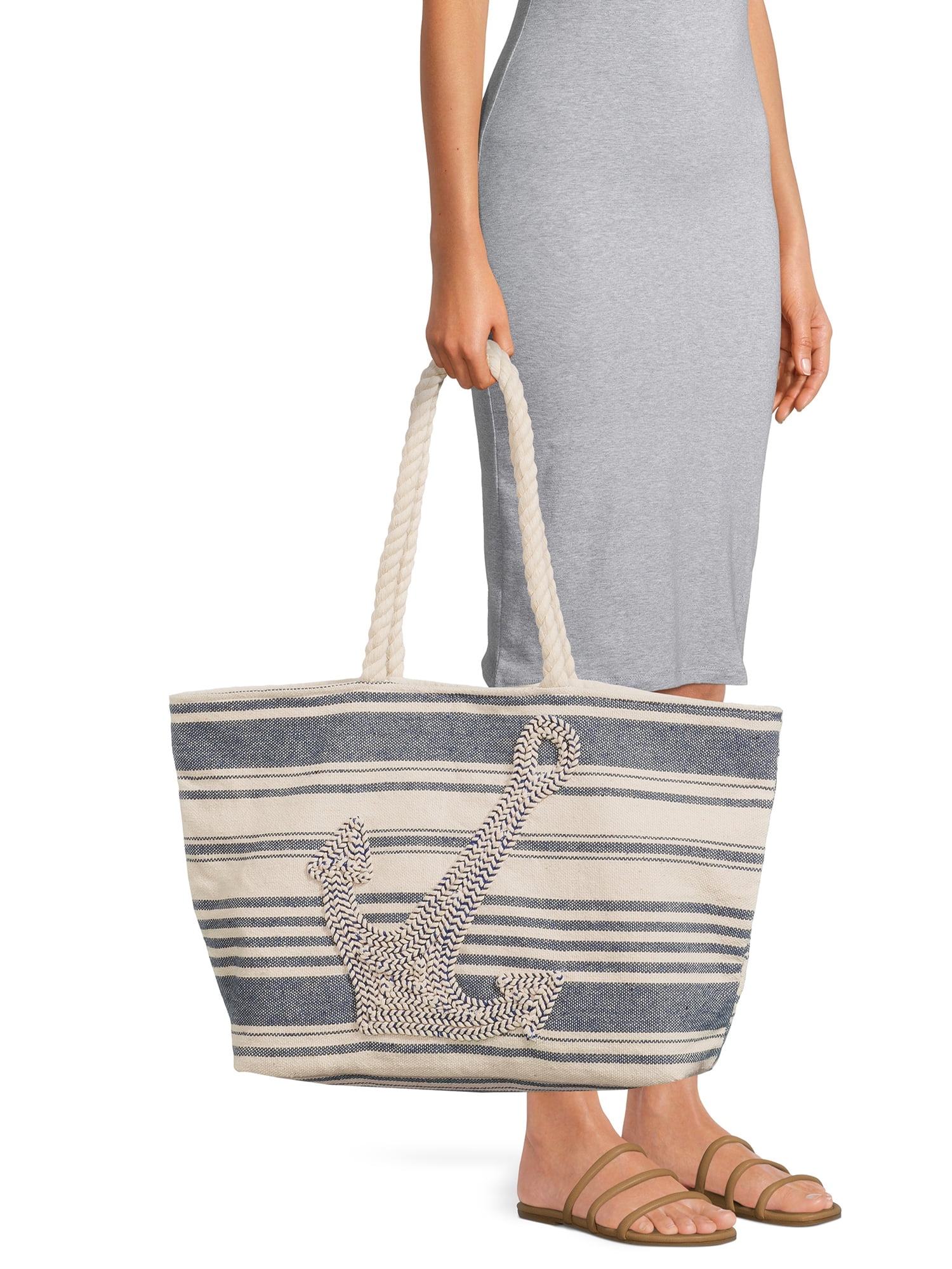 Time and Tru Women's Beach Tote with Rope Handles, Anchor/Blue