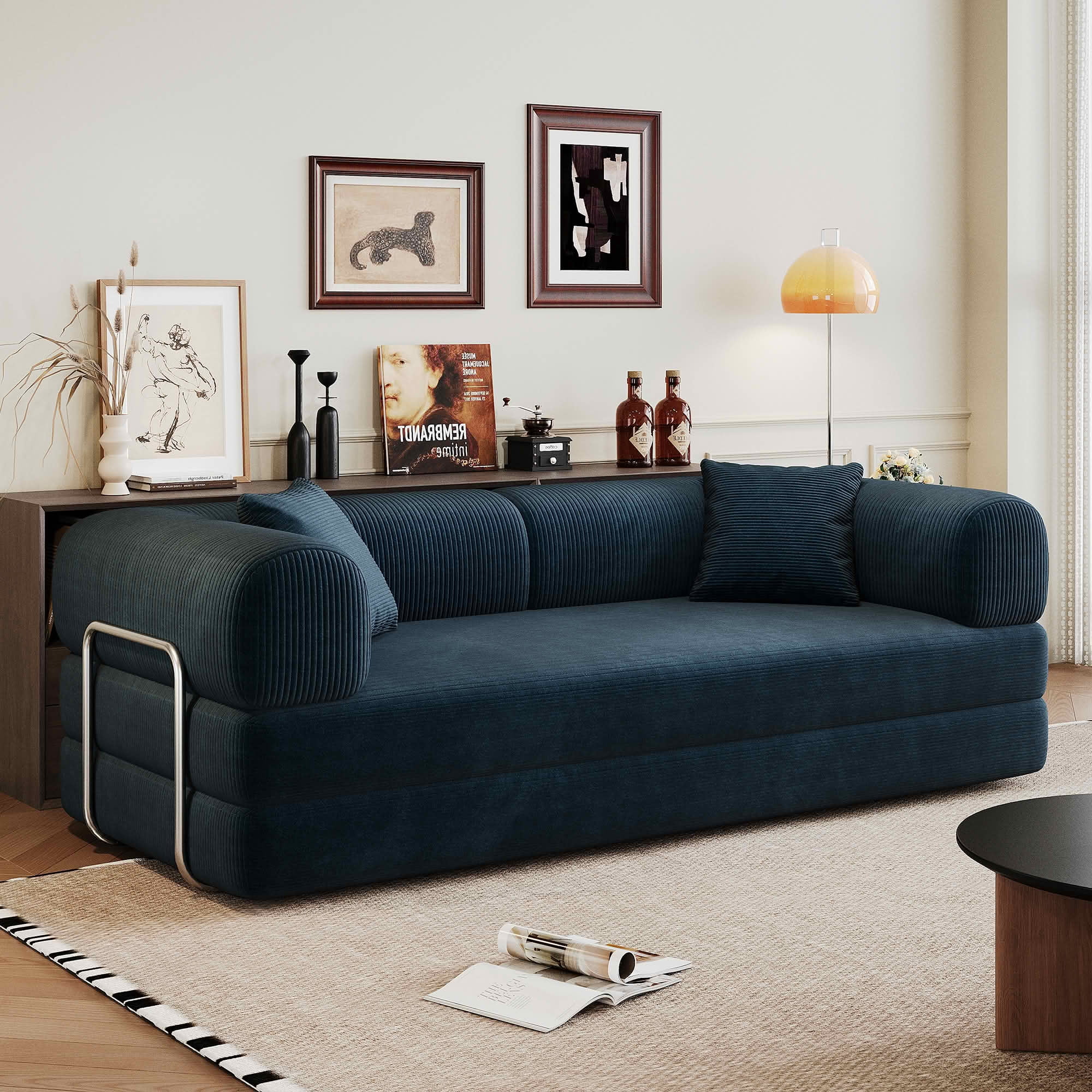 MAYEERTY 78.8 Inch Compression Convertible Floor Sofa Bed, Boneless Modular Sectional Loveseat Couch with Pillow Back & Armrest, Plush Corduroy Futon Sleeper Sofa for Living Room Bedroom