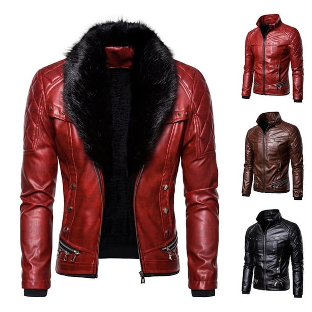 Chaqueta de motociclista de cuero resistente al viento y de algodón grueso con cuello de piel desmontable y remaches para hombre