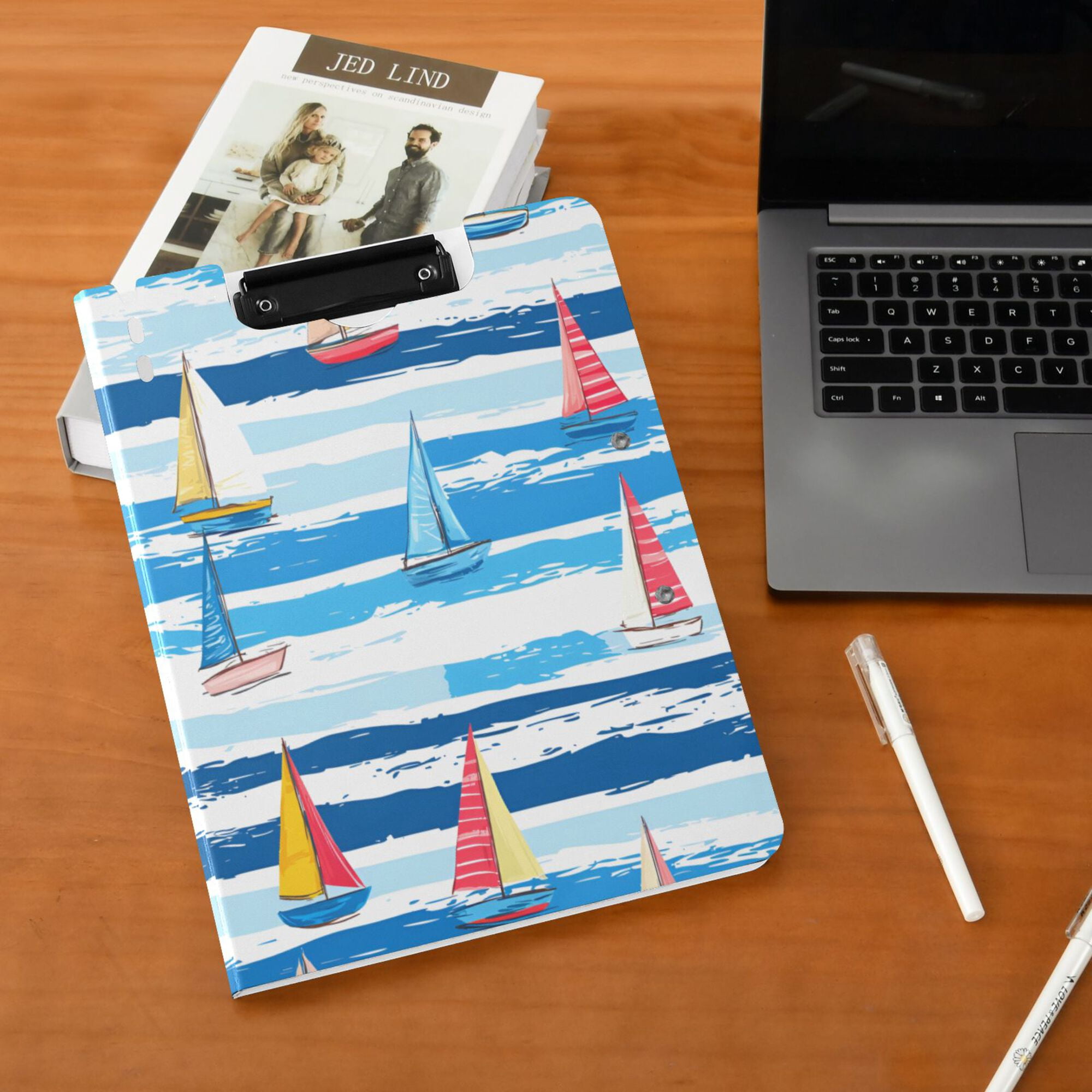 FORMRS A4 Clipboard Folder with Pen Holder Horizontal Foldable School Office Binder, Yellow Sailboats