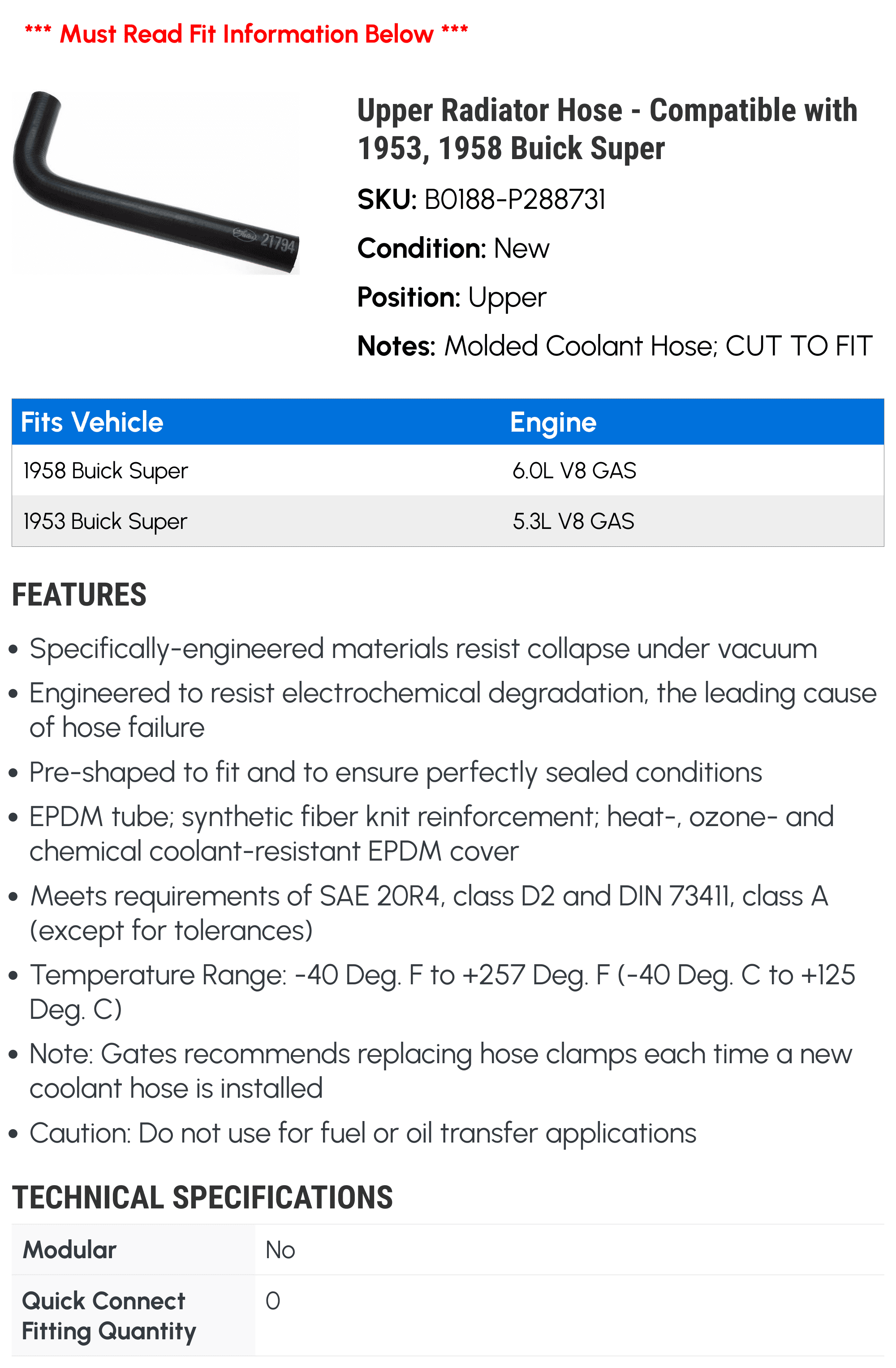 Upper Radiator Hose - Compatible with 1953, 1958 Buick Super - Gates