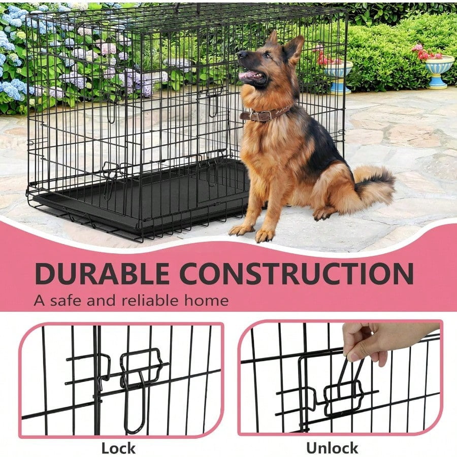 Extra Large Folding Metal Wire Dog Crate with Double Door, Removable Tray and Divider Panel, 48 Inch, Dark Black