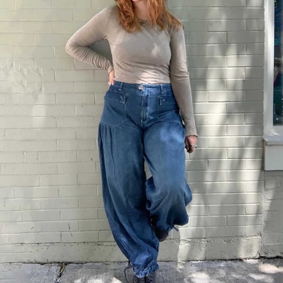 Pull On Jeans For Women Wide Leg Loose Fit Fashion Elastic Denim Pants Lightweight Outdoor Hiking Pants With Pocket Dark Blue M