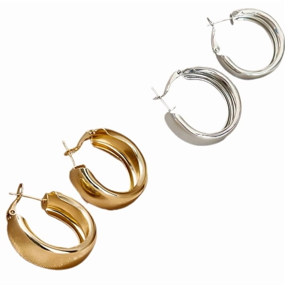 Chunky Gold & Silver Hoop Earrings for Women, 14K Gold Plated S925 Sterling Silver Post, Lightweight Hypoallergenic Thick Hoops Jewelry Gift(2Pairs)