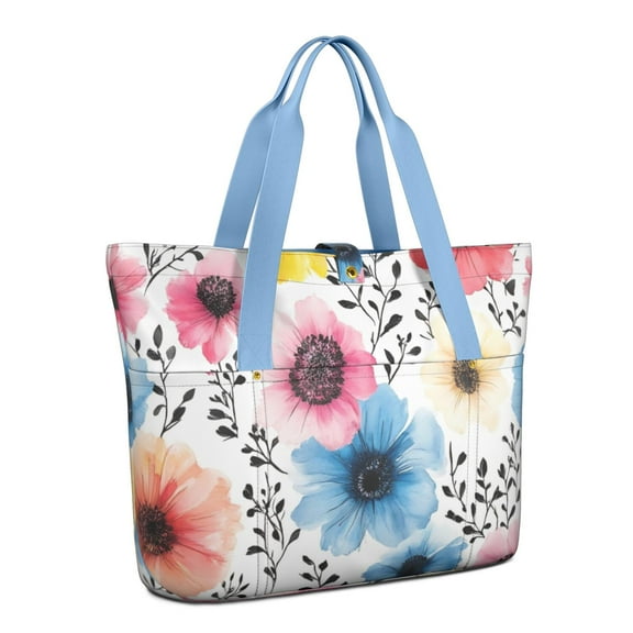 Tote Bag for Women - Pioneer Flower Shoulder Bag - Large Utility Work Duffle Bag with Zipper Handbag for Travel, Work, Sprots